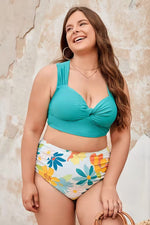 Plus Size Twist Front Midkini & Side Shirred High Waist Set