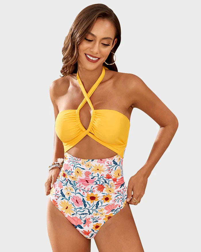 Halter Neck Cut-Out Ruched Swimsuit