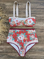 Floral Vintage Print Contrast Trim Buckle High Waisted Bikini Set
