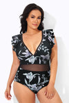 Floral Print Ruffle V-Neck Plus Size One Piece