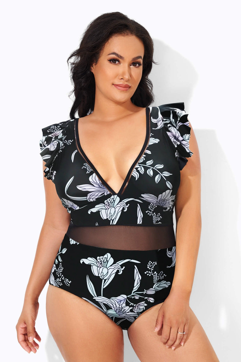 Floral Print Ruffle V-Neck Plus Size One Piece