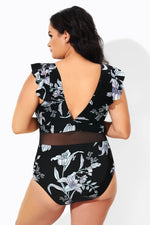 Floral Print Ruffle V-Neck Plus Size One Piece