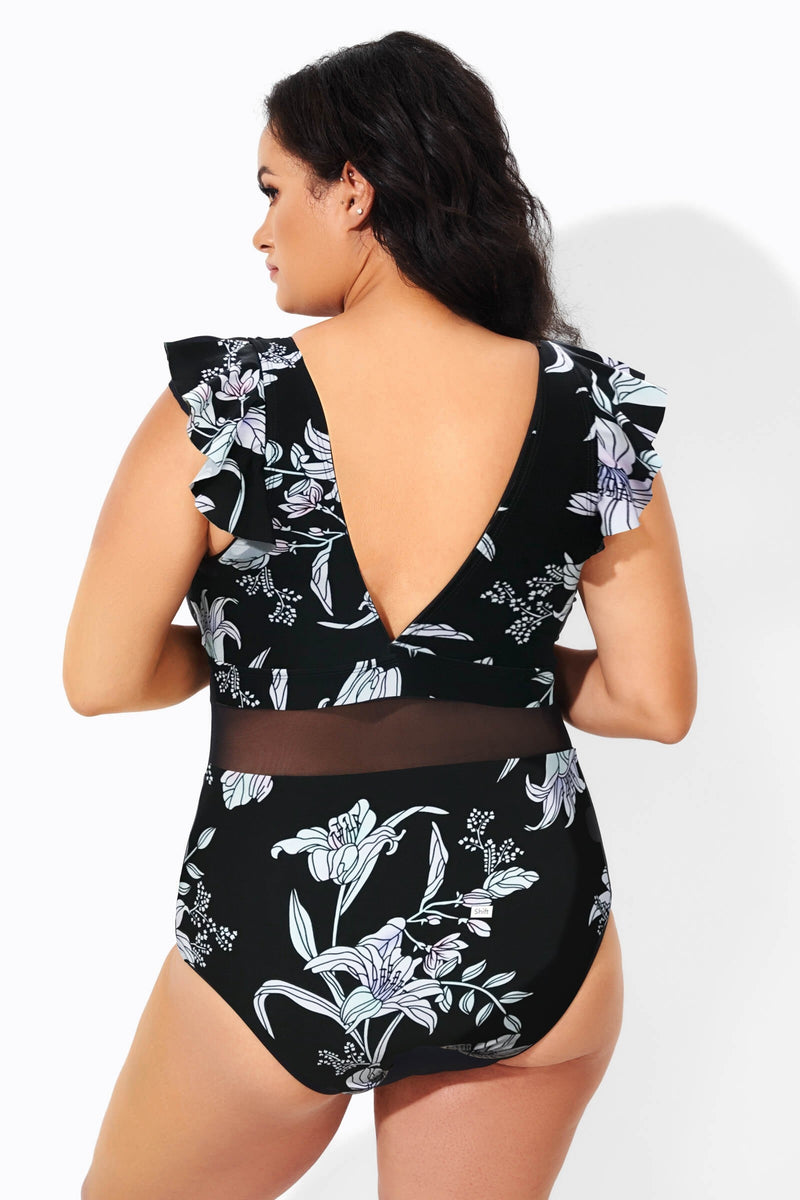 Floral Print Ruffle V-Neck Plus Size One Piece