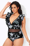 Floral Print Ruffle V-Neck Plus Size One Piece