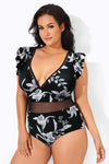 Floral Print Ruffle V-Neck Plus Size One Piece