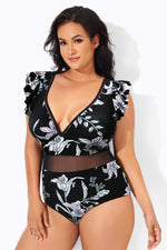 Floral Print Ruffle V-Neck Plus Size One Piece