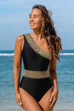 Metallic Stitch One-Shoulder One Piece