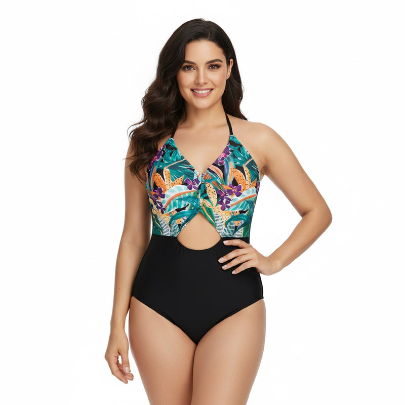 Halter Cut Out Floral Plus Size One Piece