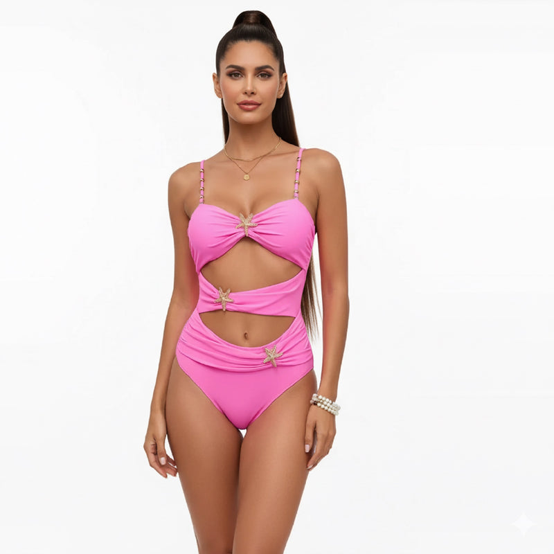 Neon Pink Starfish Embellished Cutout One Piece