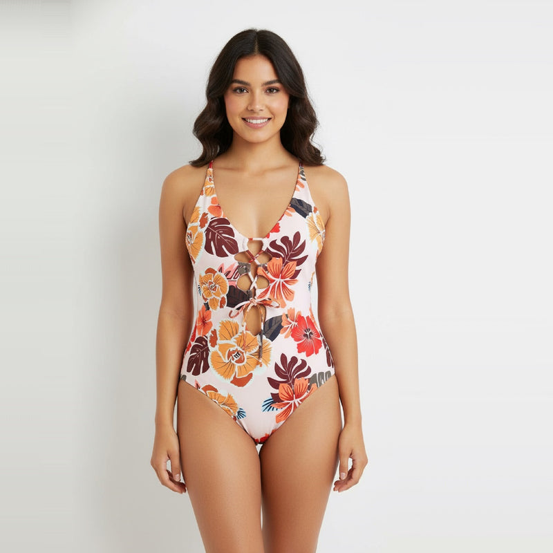 Floral Lace Up Swimsuit