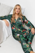 Dark Green Floral Satin Button Pyjama Set