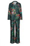 Dark Green Floral Satin Button Pyjama Set
