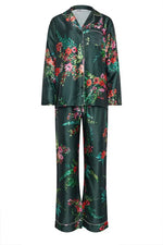 Dark Green Floral Satin Button Pyjama Set