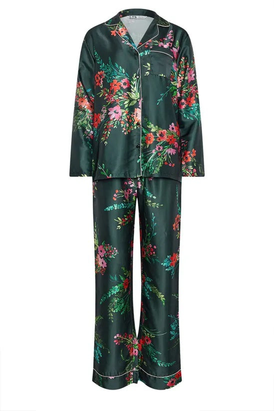 Dark Green Floral Satin Button Pyjama Set