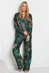 Dark Green Floral Satin Button Pyjama Set