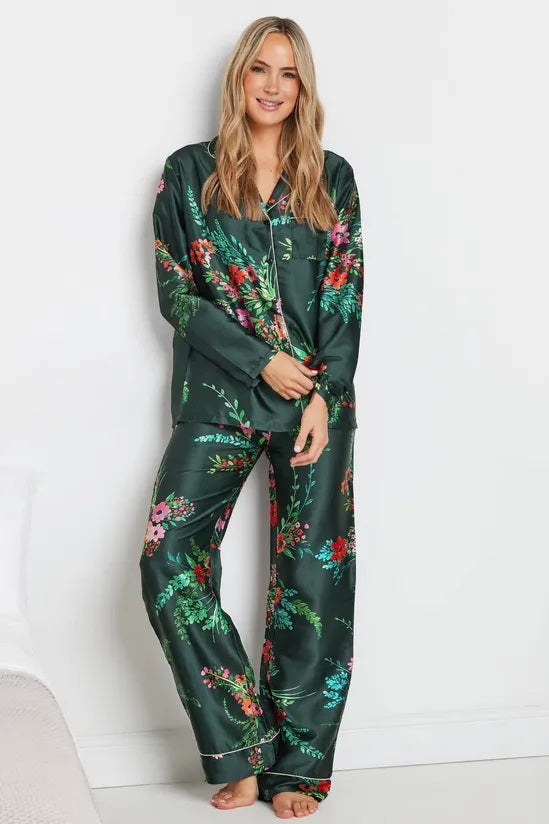 Dark Green Floral Satin Button Pyjama Set