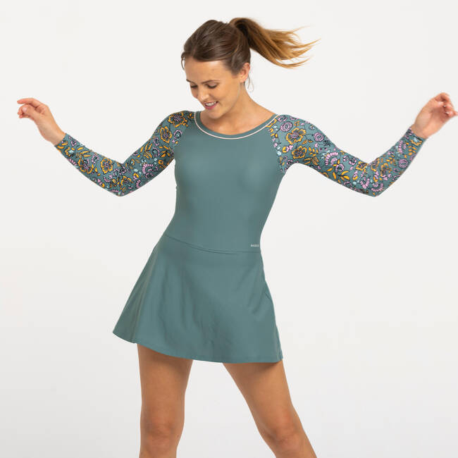 Plus Size Khaki Printed Long Sleeve Swimdress