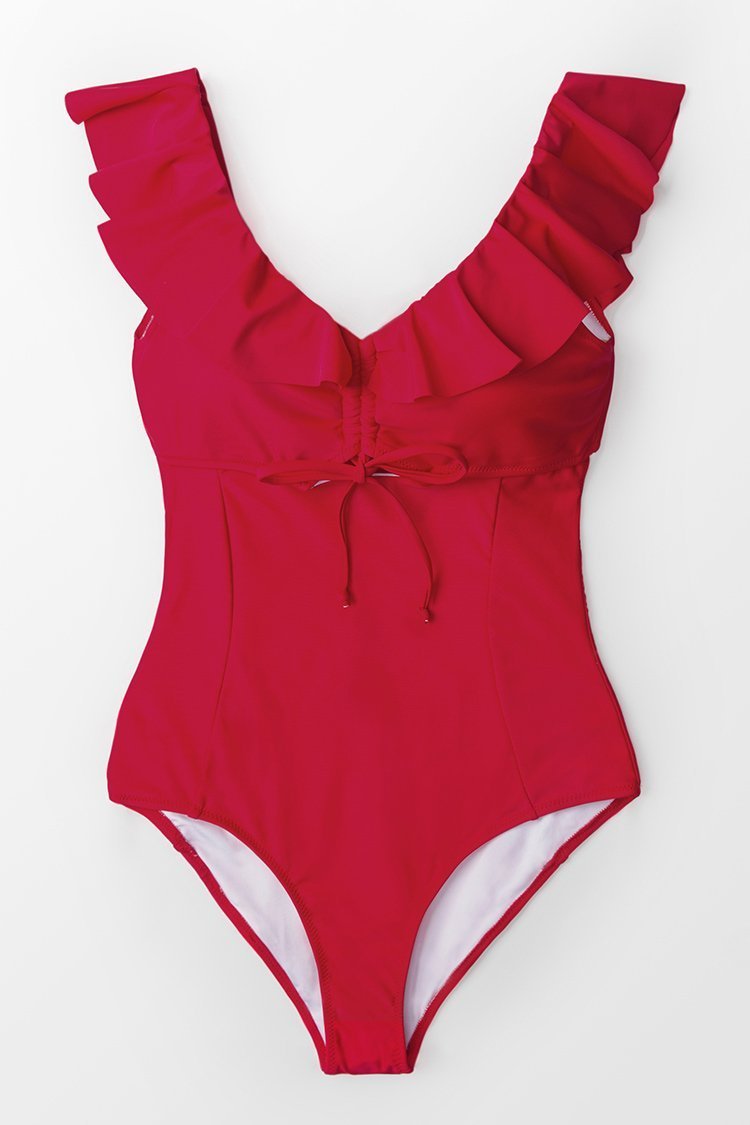 Ruby Red V-Neck Cutout Ruffled Swimsuit