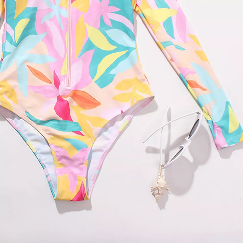 UV Sun Protect Printed Zip Up Swimsuit