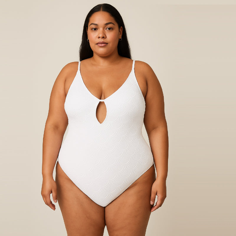 Jacquard Brilliant White Tie Back Plus Size One Piece