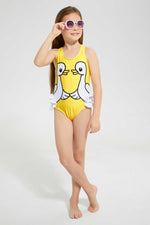 Yellow Racer back Duck Print Ruffle Swimsuit