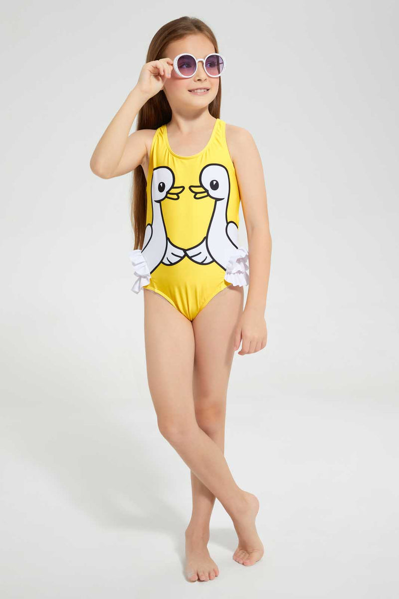 Yellow Racer back Duck Print Ruffle Swimsuit