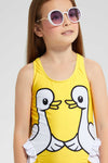 Yellow Racer back Duck Print Ruffle Swimsuit