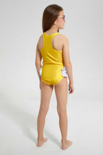 Yellow Racer back Duck Print Ruffle Swimsuit