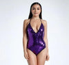 The Beach Company-Ladies swimsuit-Solid Color-Neck tie-Plunging neckline-Cheeky coverage-All over sequin coverage-Shell: 90% Polyester, 10% Elastane- Lining: 88% Polyester, 12% Elastane-Machine washable