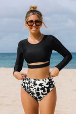 The Beach Company India - Shop for ladies swimwear online in India - UV Protect Rashguard High Waisted Bikini Set - Black bikini set for women