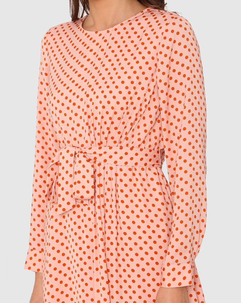 Peach Polka Dot Print Asymmetric Fit & Flare Dress