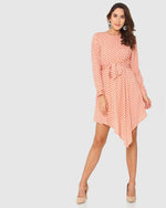 Peach Polka Dot Print Asymmetric Fit & Flare Dress