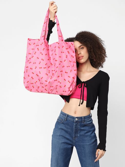 Pink Cherry Print Tote Bag