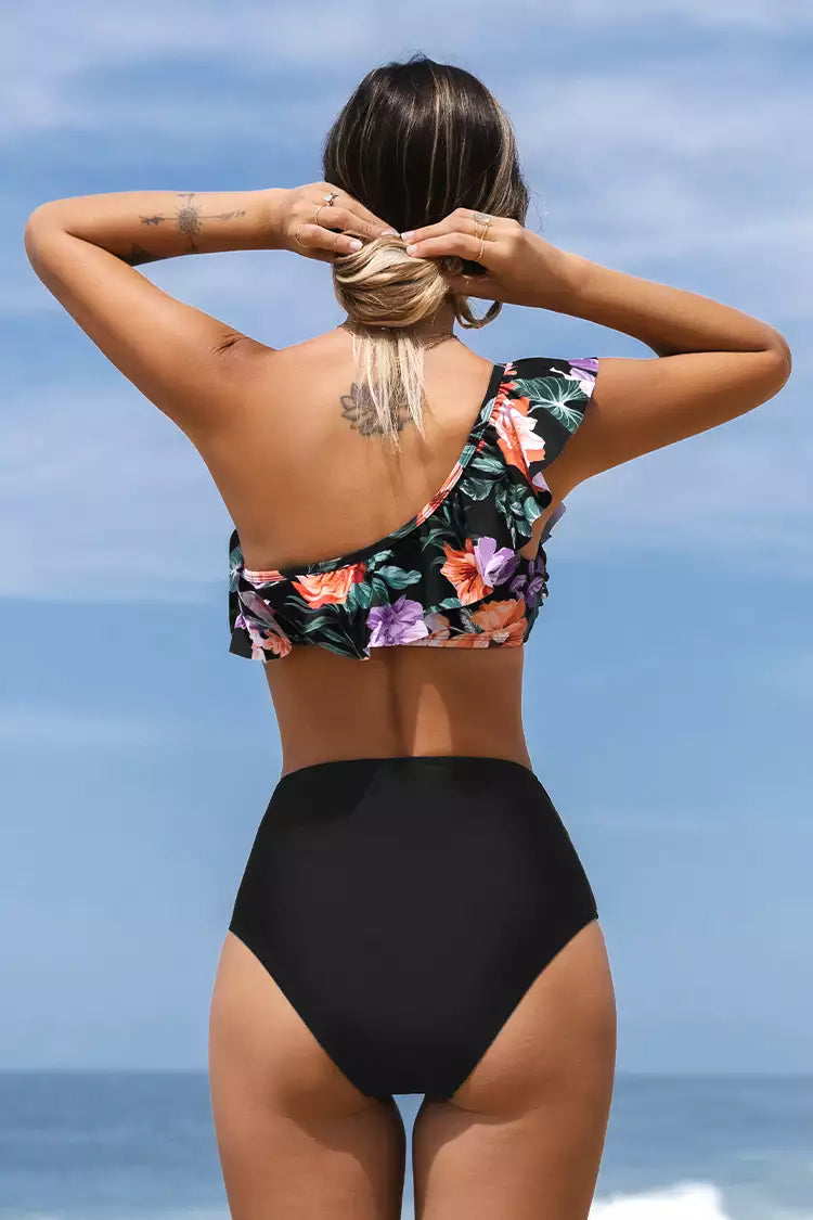 Ruffled One Shoulder High Waist Bikini Set