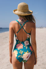 Crystal Teal Cutout Cross Back One Piece Swimsuit