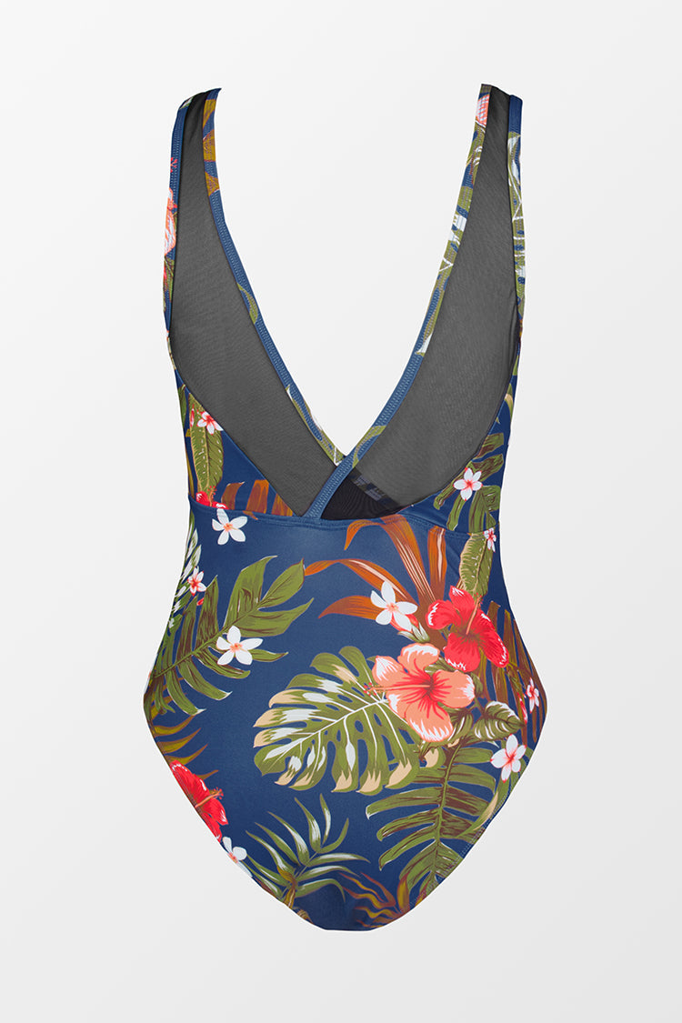 Floral Mesh V-neck Backless One Piece