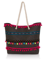 Multicolour tassel woven bag Pom Pom rope handle tote bag women canvas online shop India the beach company black and red beach bags poolside grocery college use travel bags