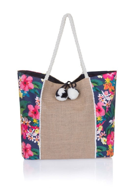 Jute floral tote bag women online India shopping the beach company Pom Pom colourful print large beach bag travel bag women grocery college bags free delivery cod