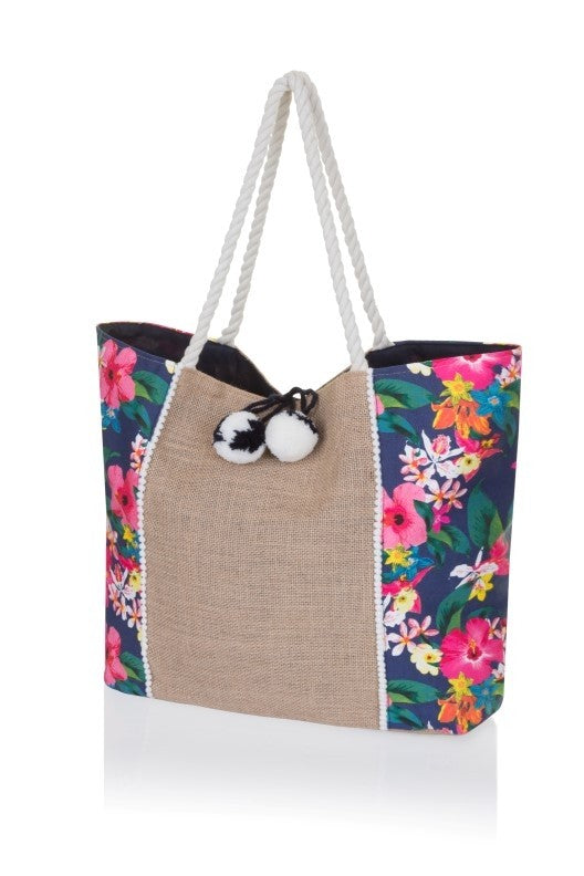 Jute floral tote bag women online India shopping the beach company Pom Pom colourful print large beach bag travel bag women grocery college bags free delivery cod