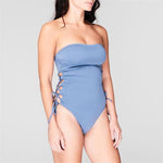 The Beach Company- Blue Bandeau one piece swim suit- Side cut out- High cut- Slightly padded-Solid Color-Elegant