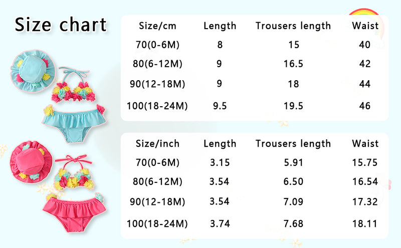 Flower 3Pcs Halter Triangle Top with Ruffle Bottom and Sun Hat