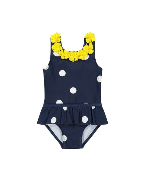 3D Floral Applique Polka-Dot Print Swimsuit