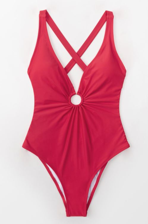 Strapless Ring Bust One Piece Swimsuit & Bodysuit in Red Crinkle