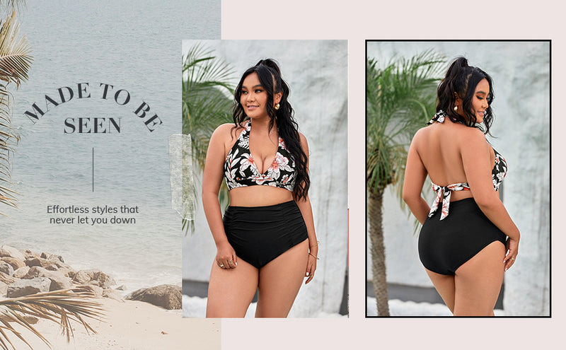 Plus Size Halter High Waisted Ruched Bikini Set