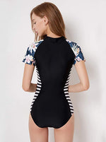 Zip Front Floral Print Half Sleeve Swimsuit