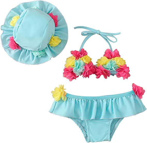 Flower 3Pcs Halter Triangle Top with Ruffle Bottom and Sun Hat