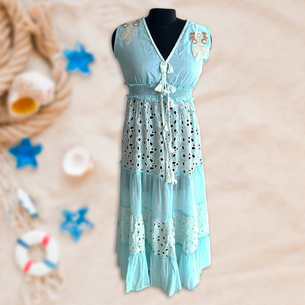 Beachwear party wear pool party beach side shop online India the beach company women dresses cute travel trip clothes cod free delivery discount design stylish embroidery woven Turquoise long dress cover up mesh embroidered  