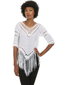 V-Neck Hollow Out Cover-Up With Fringed Hem