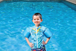 The beach company online - rash guards - arm floats swimwear - Dinosaur rash guard - SPF 50 rash guard - Blue swimwear  - in built floats swimwear 