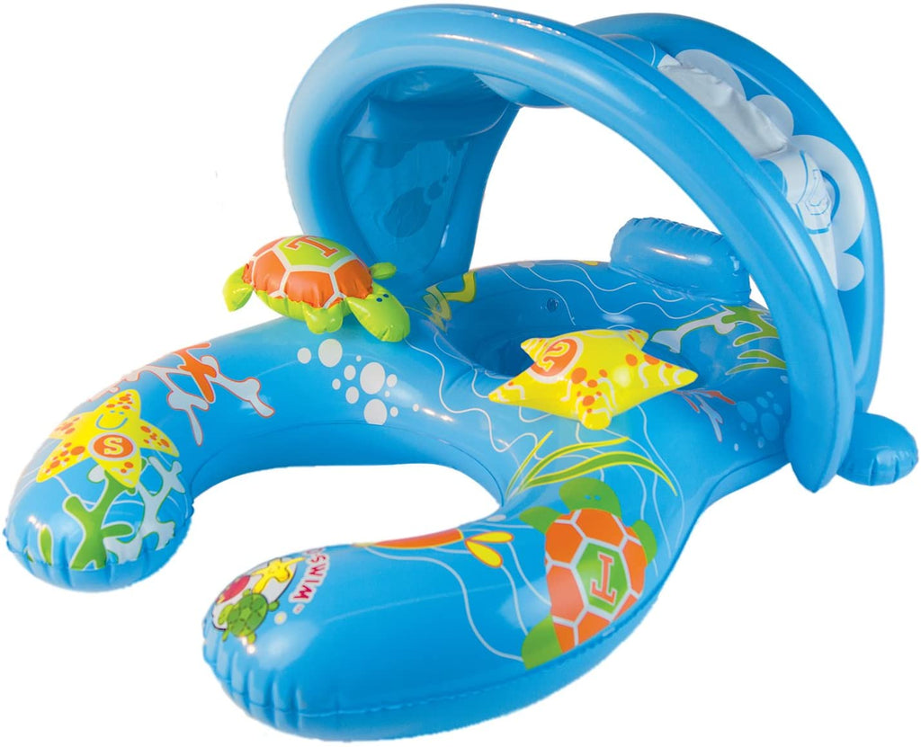 The Beach Company Online- Monmmy and Me Baby Rider- Pool Float with mother- Pool Fun- Pool Toys- Float-Drop seat style-leg openings-fun inflatable characters--Retractable  & detachable canopy for sun protection